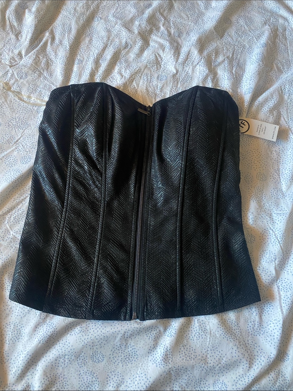 Textured Strapless Black Corset Top with Front Zip